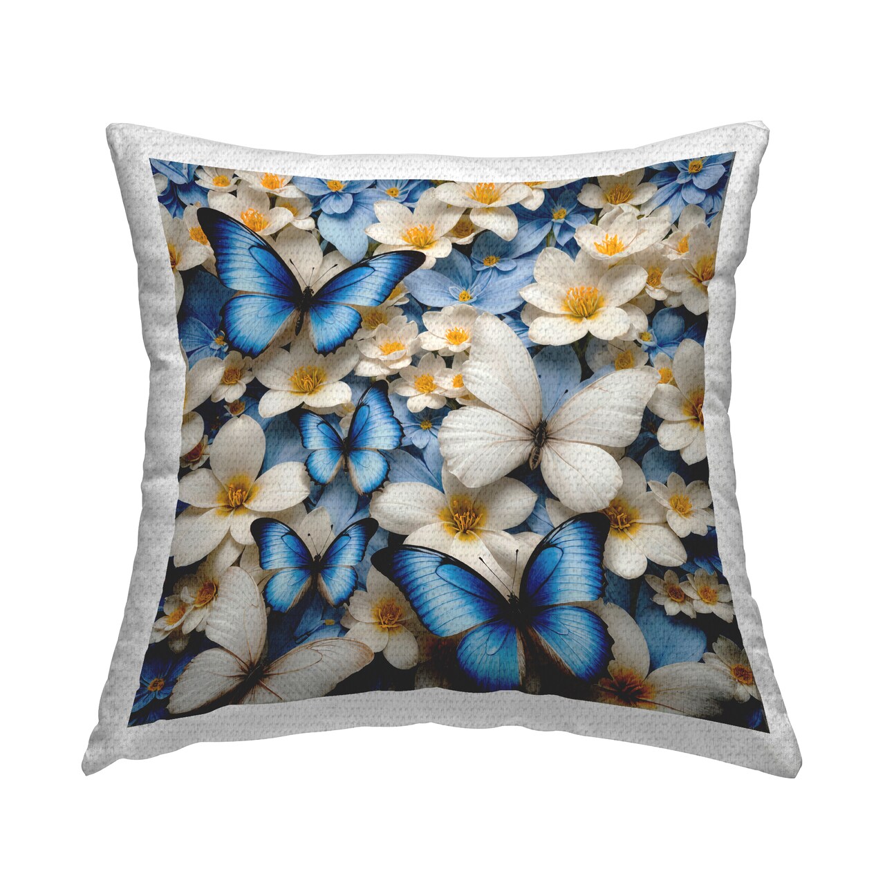 Blue & White Floral Butterflies Outdoor Printed Pillow Design by Yuri Khrushch, 18 x 7 x 18